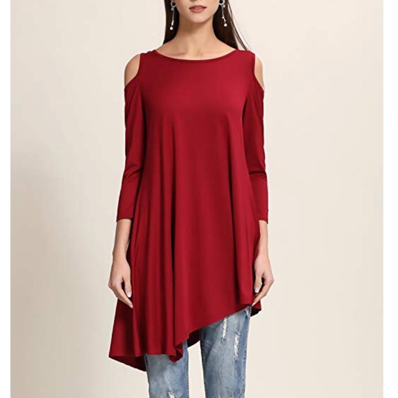 Red Flowy Oversized Cold Shoulder Tunic Blouse - Picture 3 of 5